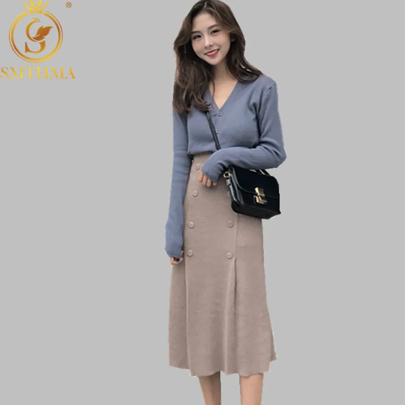 

Knitted Cardigan sweater 2 piece suit Women Autumn And Winter elegant Double-breasted women two piece Skirt outfits