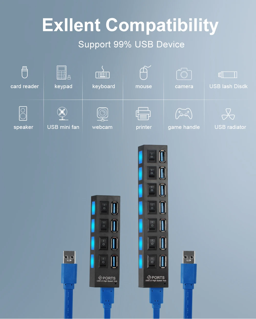 Usb-хаб 3,0 Мульти USB 3,0 концентратор USB разветвитель 2,0 Hab несколько 4/7 портов расширитель с адаптером питания Компьютерные аксессуары для ПК