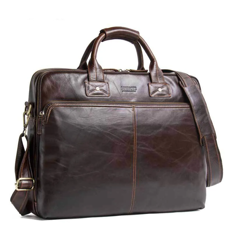 

Men's briefcase leather handbag one shoulder straddle computer bag 18-inch three-dimensional bag brown