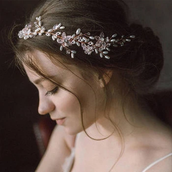 

Boho Wedding Bride Pearl Headband Jewelry Hair Band Handmade Bridal Accessories Rhinestone Flower Tiara Women's Hair Jewelry