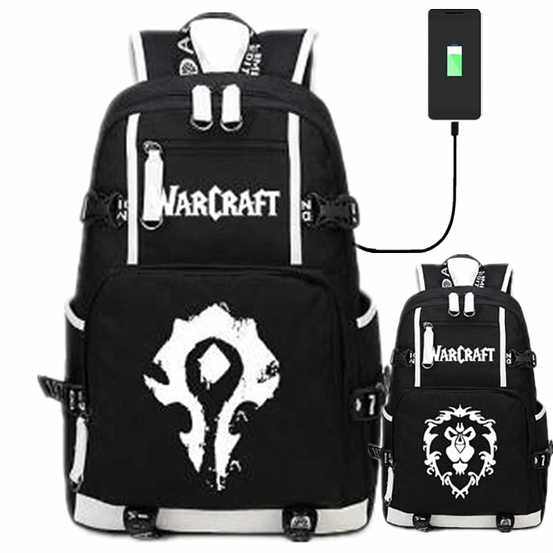 Рюкзак с usb портом World of The Alliance Horde светящаяся сумка для ноутбука Evermore школьные