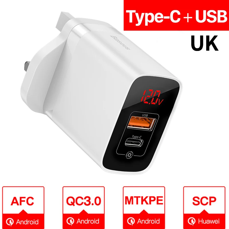 UK Plug White PD C Baseus Quick Charge 3,0 USB зарядное устройство для iPhone samsung Xiaomi huawei мобильный телефон 18 Вт PD3.0 PD QC3.0 QC usb type C быстрое зарядное устройство - Тип штекера: UK Plug White PD C