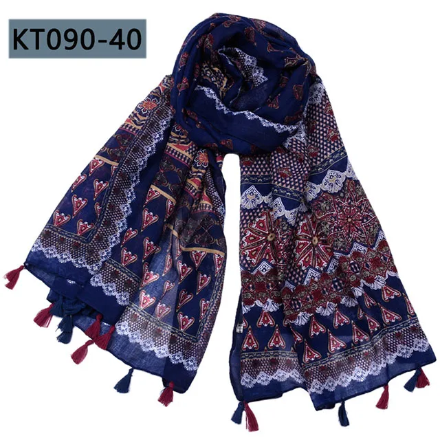 KT090-40 180*90 см женский шарф хлопковая вискоза цветочные длинные шарфы с кисточками Женская шаль винтажные женские шарфы обтягивающие Осень Зима Весна - Цвет: KT090-40