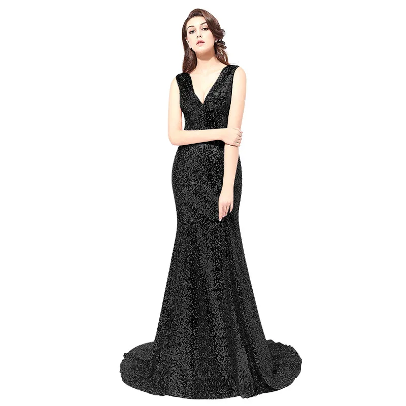 VKBRIDAL длинное вечернее платье сексуальное плиссированное платье с v-образным вырезом для выпускного вечера с блестками - Цвет: black