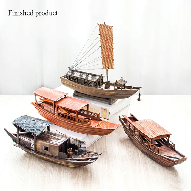 Chinese Traditional Wood Dark-awninged Boat Model Jiangnan Water