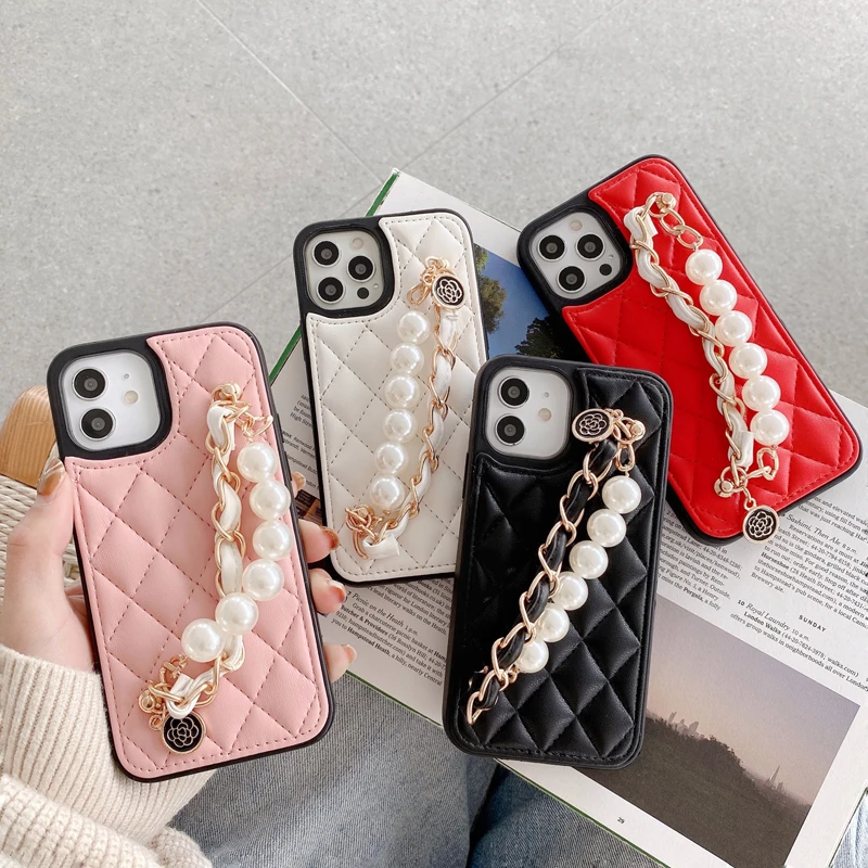 Rhombus Pu Phone Back Case With Pearl Chain Strap For Iphone12 12pro 12pro Max 12 Mini Luxury Fashion Protective Phone Cover Phone Case Covers Aliexpress