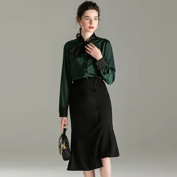 

Skirt Suits Ladies Spring 2020 Autumn New Women Fashion Patchwork Blouse Top + Black Irregular Skirt Two Piece Set Female