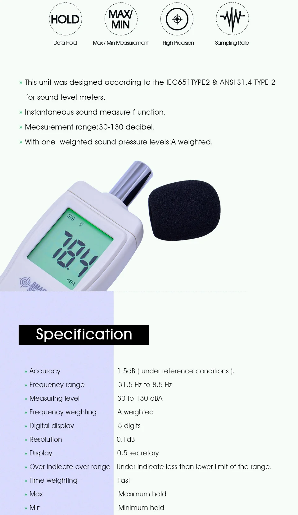 SMART SENSOR Digital sound level meter Noise Meter 30-130dB Noise dB Decibel meter Monitor Testers Metro Diagnostic-tool AS804