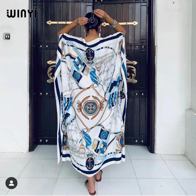 Africa Fashion Blogger Recommend Popular printed Silk Kaftan Maxi dresses Loose Summer Beach Bohemian kaftan long dress for lady 9
