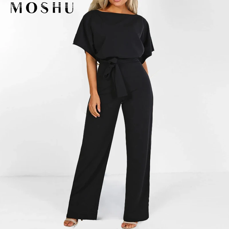 

Rompers Jumpsuit Elegant Office Style Overalls For Women Short Sleeve Loose Straight Long Leg Sashes Kombinezony Vestido Femme