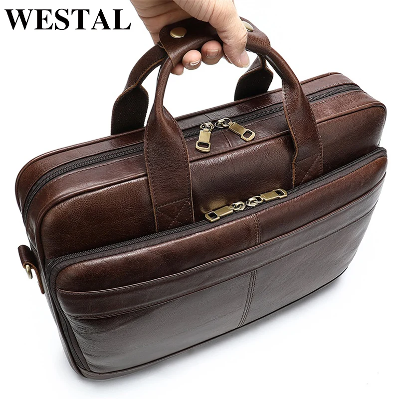  WESTAL Men briefcase totes men's bag genuine leather 15'' laptop bag leather male briefcases for do