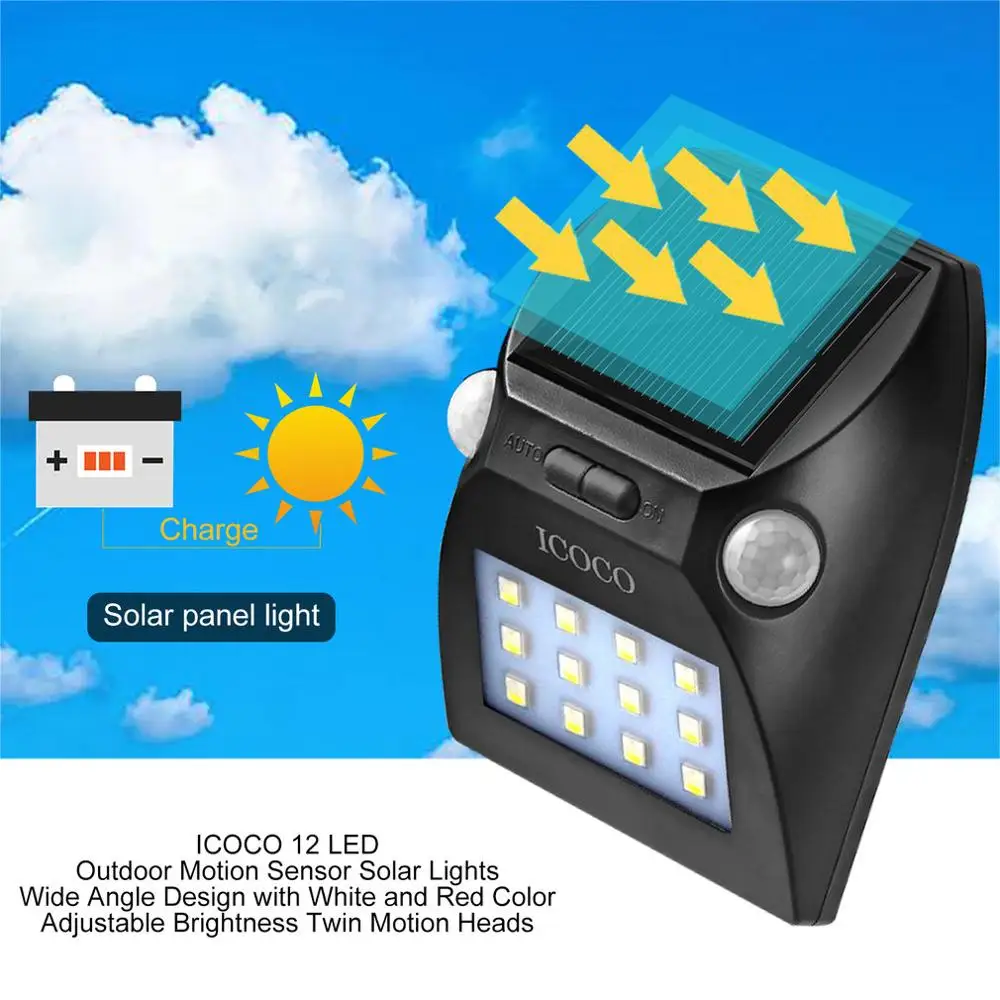 ICOCO 12LED Открытый датчик движения Солнечный свет широкоугольный дизайн с белым и красным цветом Регулируемая яркость 2 движения головки