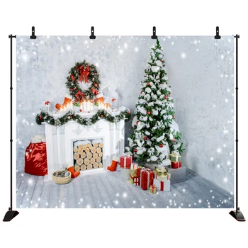 

Acejoker Merry Christmas Backdrop Fireplace Christmas Tree Wooden Floor Background Vinyl Photography Photo Studio Porp