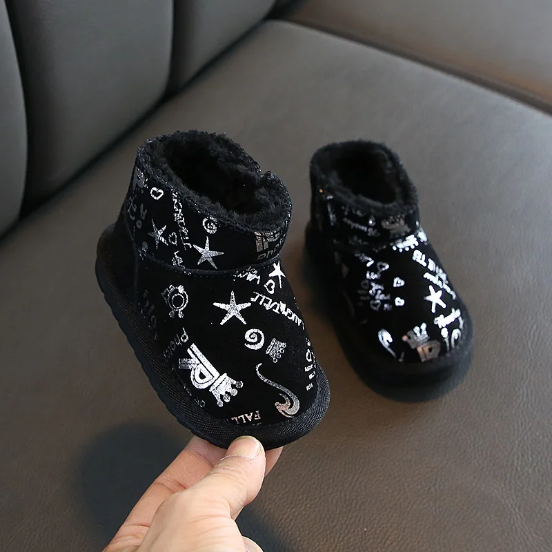 Детская зимняя обувь, толстая и теплая детская прогулочная обувь на мягкой подошве, зимние сапоги для мальчиков и девочек 0-1-3 лет, натуральная кожа - Цвет: Черный
