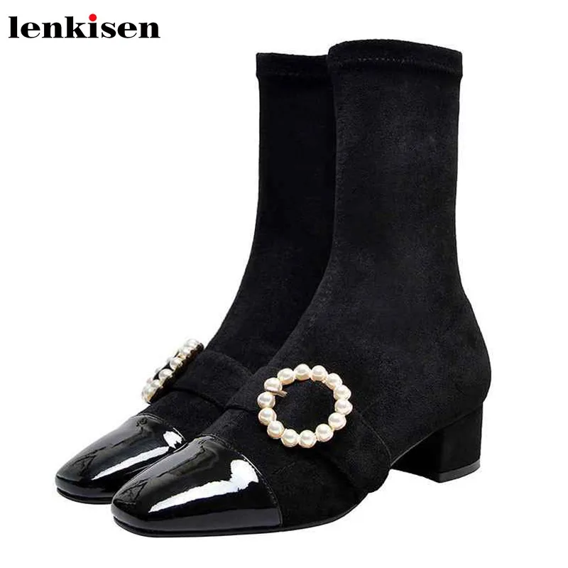 Lenkisen/модные носки в Корейском стиле для девочек Теплые зимние женские сапоги до середины икры на среднем каблуке с квадратным носком и жемчужной пряжкой; L80