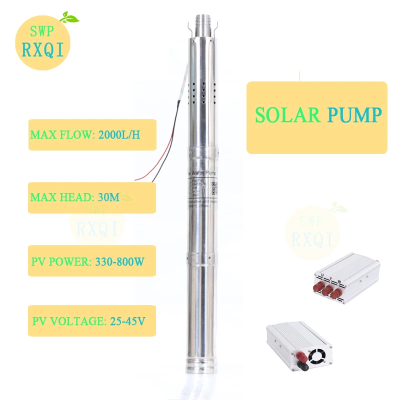 

SOLAR WATER PUMP 2" DC Solar Brushless Pump Small Mini DC 24v pump 290w or 0.4HP Max flow 2000L/H Max head 30m Outlet 0.75"