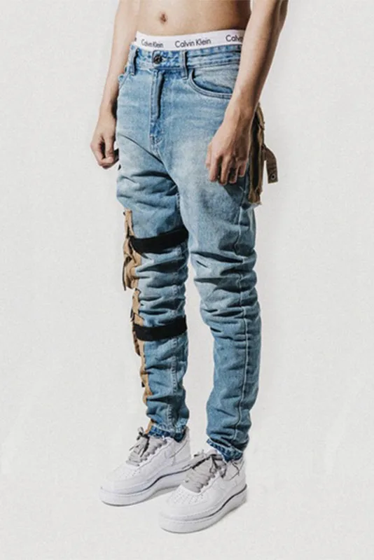 Mcikkny Мужские Винтажные тактические джинсовые брюки со съемными карманами, узкие джинсовые брюки для мужчин с несколькими карманами