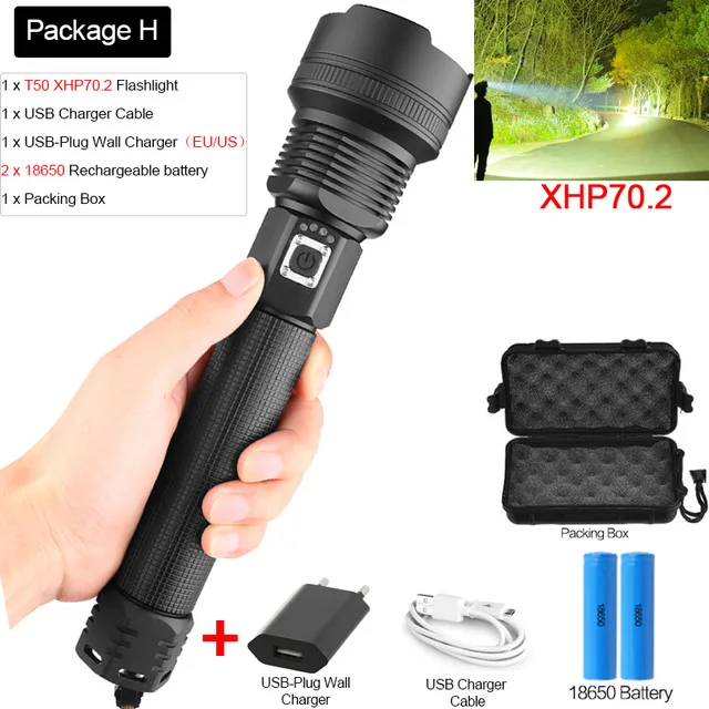 Мощный светодиодный фонарик самый мощный XHP70.2 перезаряжаемый фонарь XHP50 USB Zoom фонарь XHP70 охотничий фонарь для рыбалки 26650 - Испускаемый цвет: package  H