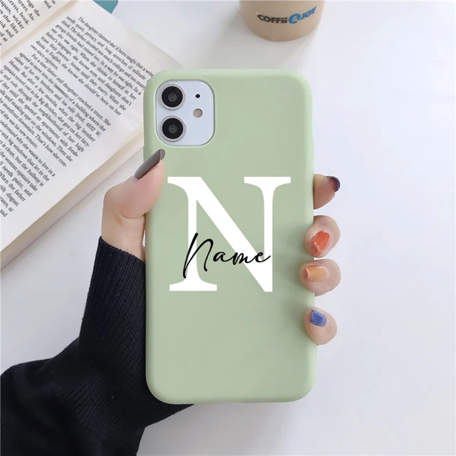 Flowers Diy For iphone 11 12 13 Pro Mini Phone Case Custom Capital Letters Name For X XS Max XR 7 8 Plus SE New Silicone Cover mint diy name Bai