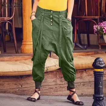 

ZANZEA Women Harem Pants Female Elastic Waist Casual Side Pockets Straps Trousers Drop-crop Long Pantalon Streetwear Sweatpants