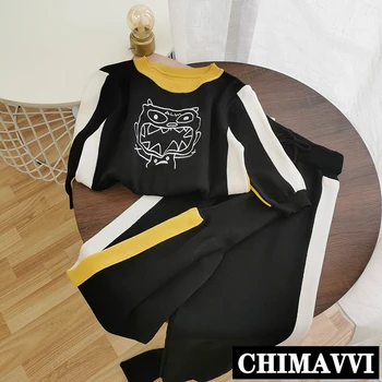 

Casual Knitting Pants Suit Female Summer 2020 Cartoon Print Short Sleeve Sweater + Beam Foot Harem Pants Loose Two-Piece Set