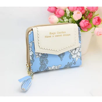 

2019 Printed Short Wallet Lace Cover Buckle Tassel Zipper Purse Flower Lady Wallet Card Large Capacity PU Leather Pink Red Black