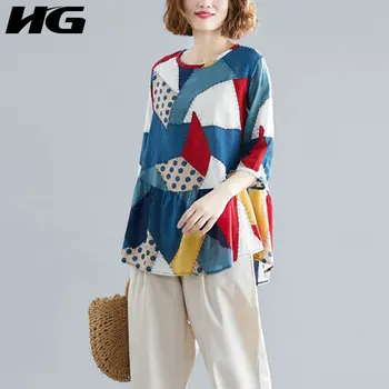 

HG Splice Ruffle Hem Plus Size T Shirt Match All Women Seven Quarter Sleeve Print Loose Oversized TShirt Fashion Ladies ZYQ1445