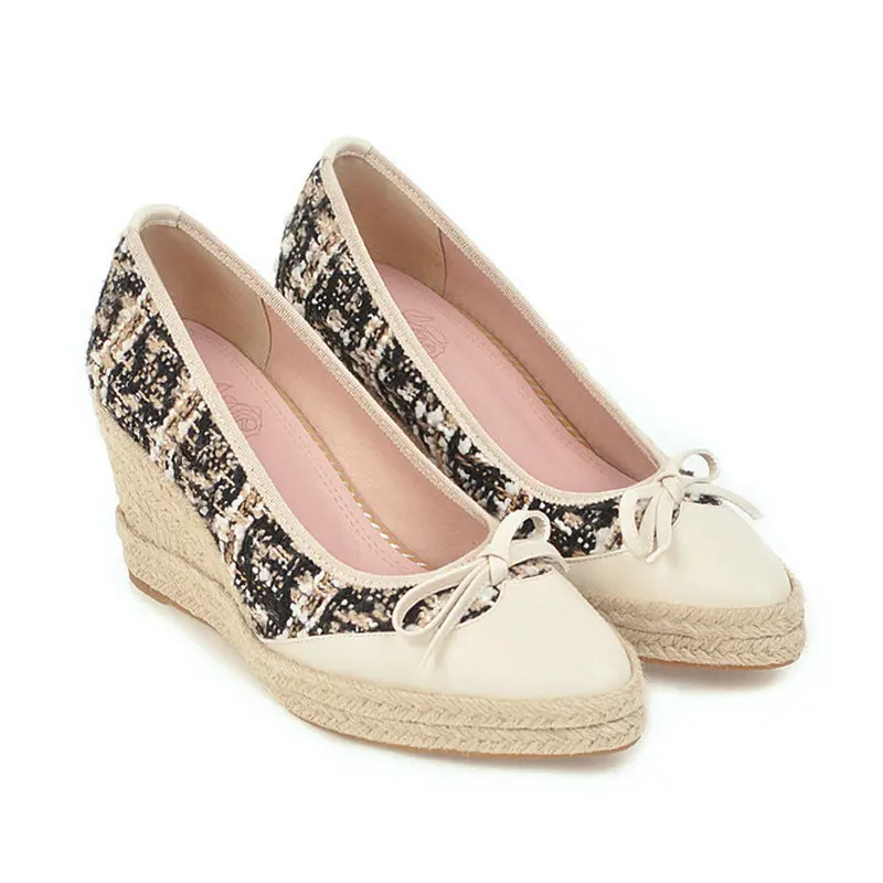 

B2-7 Size 32-44 Female Patchwork Mixed Colors Pumps Ladies Cute Bowknot High Heels Shoes Women Wedges Shoe Woman Slip-pn Shoe