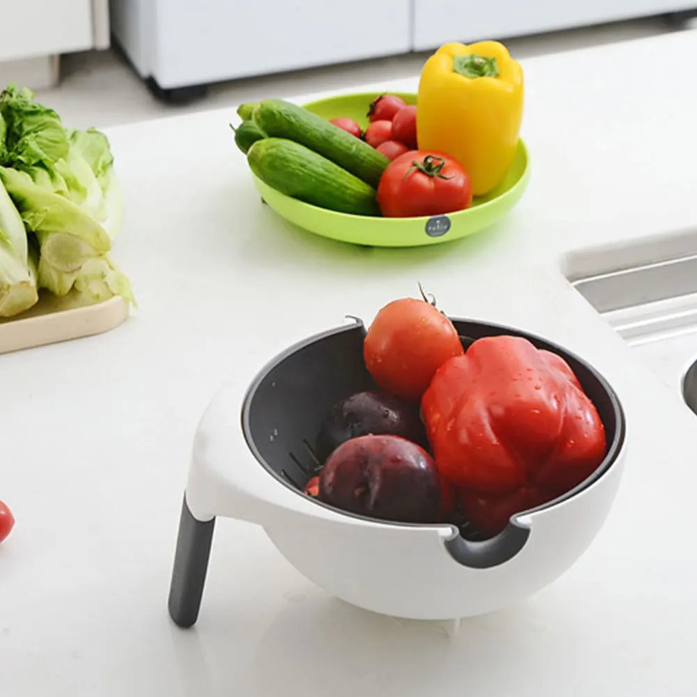 Rotatable Drain Basket Double-layer Plastic Houshold Strainer Drain Basket for Vegetable Noodles Fruit