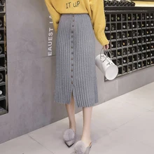 Новинка, Женская вязанная длинная юбка, Осень-зима, повседневная, для девушек, плиссированная, с пуговицами, с разрезом, элегантная юбка для девушек
