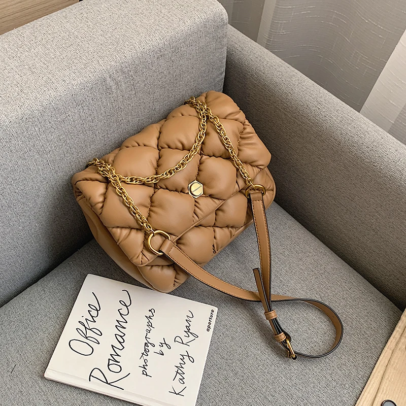 Женская Стеганая клетчатая сумка через плечо модная женская дизайнерская сумка из искусственной кожи с замком и цепочкой сумка через плечо - Цвет: Хаки