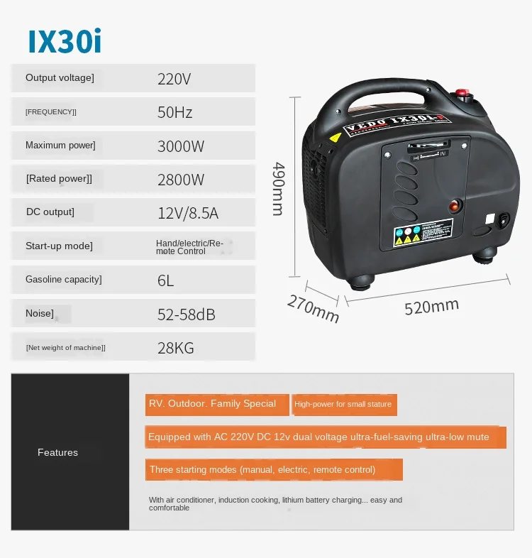 Gerador de Gasolina Mudo a Bordo Portátil ao ar Carro Condicionado rv Pequeno Portable1.5kw Livre 220 v no ar Geradores à gasolina
