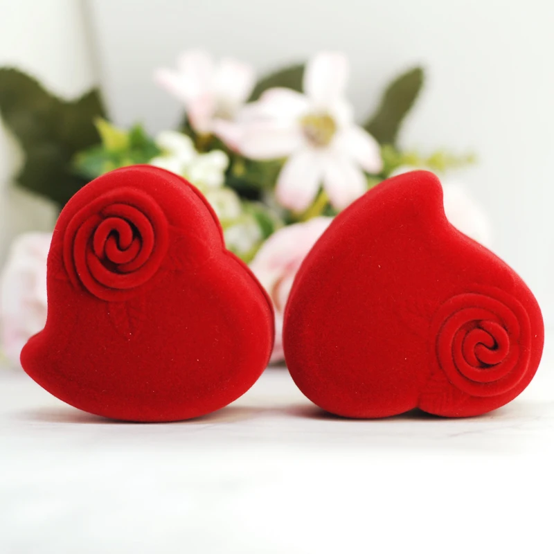 1pcs Lot Red Dark Red Color Velvet Jewelry Box Heart With Rose