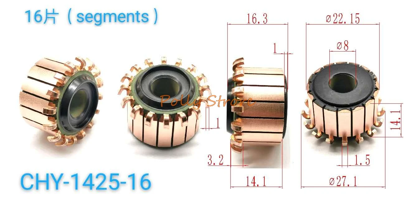 2pcs 8*22.15*16.3mm 16P Teeth Copper Hook Type Electrical Motor Commutator CHY-1425-16