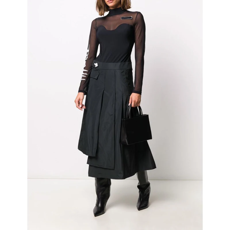 

Winter 11.4 New Autumn Fashion Letter Print Sexy Perspective Mesh Patchwork Slim Women Irregular Midi Dress