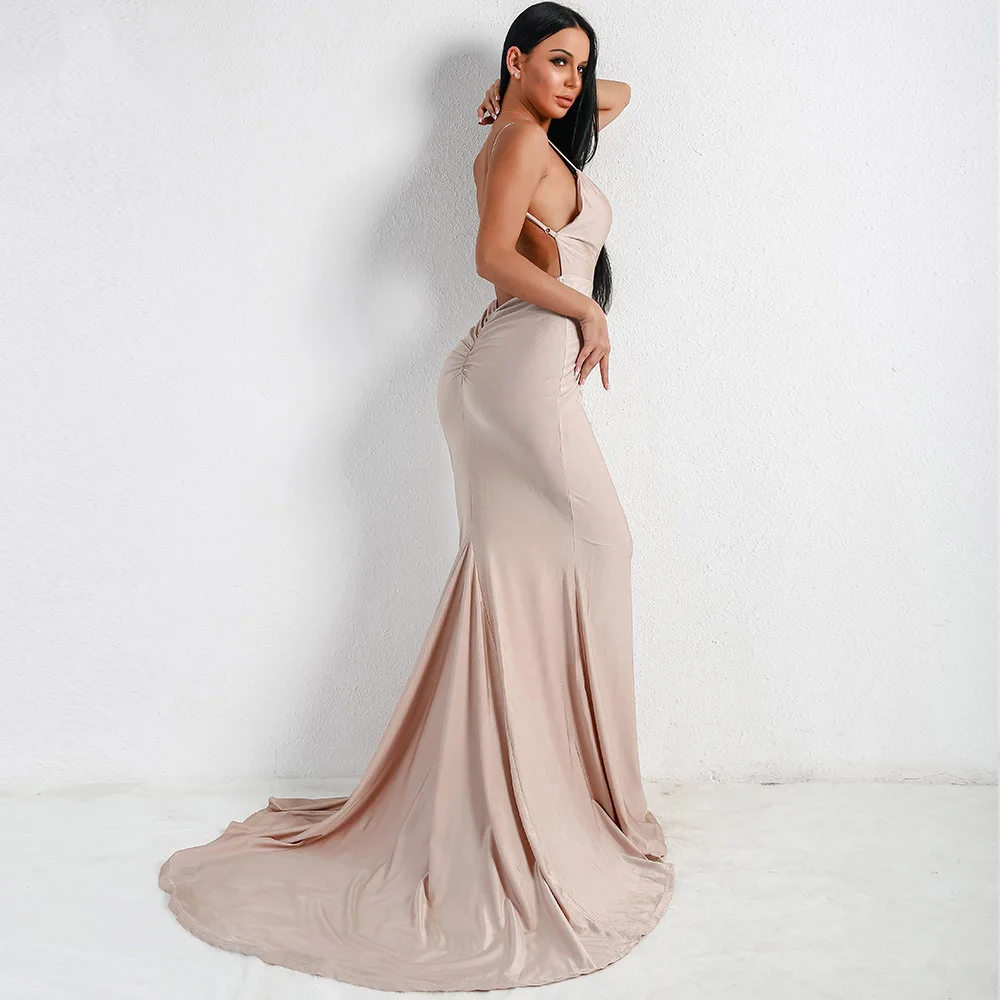 Глубокий v-образный вырез Бургундия вырез слинг Русалка платье Bodycon Длина пола открытая спина стрейч атласное вечернее платье
