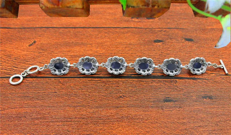 Овальные блестки Темный браслет из синего камня цветок сливы Дизайн винтажный вид античный посеребренный модные ювелирные изделия TB336
