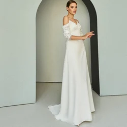 Simple White Wedding Dresses 2021 A-Line V-Neck Lace Appliques Spaghetti Straps Jersey Sweep Train Backless Bridal Gowns Ladies