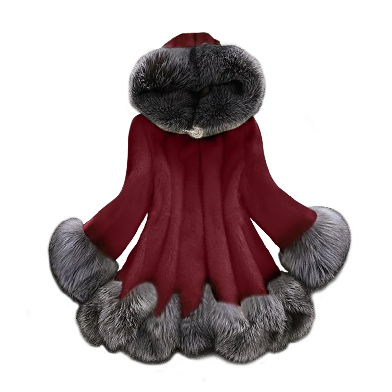 Негабаритный 6XL большой карман роскошная норковая шуба для женщин Лисий меховой воротник с капюшоном пальто зимние парки плащ трикотажный кардиган верхняя одежда - Цвет: Бургундия