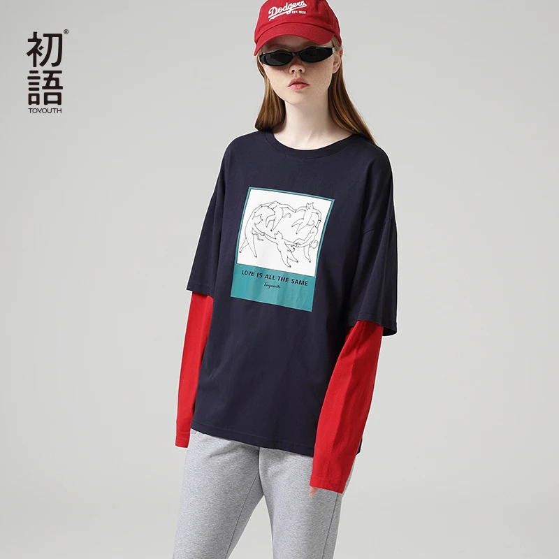 Toyouth лоскутные Футболки с длинным рукавом для женщин мультфильм печатных круглый вырез Футболка хит цвет Осень Топы - Цвет: Синий