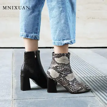 

MNIXUAN Fashion boots 2019 new winter women shoes pointed toe snake boots ankle boots high heels white ladies booties size 40 42