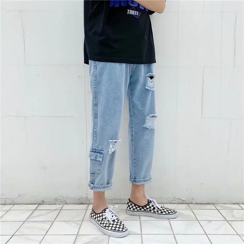 Japanese Ripped Jeans Men's Straight Loose Capri-Pants Korean Casual Pants Male  Hiphop Clothes Streetwear  Distressed Jeans