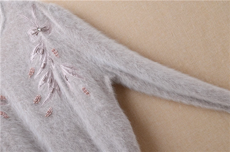 Ladies mink cashmere o-neck loose fluffy angora rabbit fur hand knitted beading pullover sweater short warm sweater products