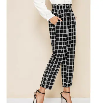 

Women Autumn Tartan Plaid High Waist Zipper Trousers Ladies Checked Long Casual Pencil Pants Ruffled With Packet