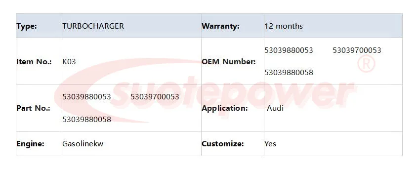 SUOTEPOWER Турбокомпрессор K03 обновление Турбокомпрессор 53039880053 53039880058 для Audi TW 46,75*52,3 CW 45,3*54,5