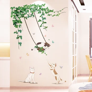 

Green Plant Leaves Wall Stickers DIY Cats Animals Mural Decals for Living Room Kitchen Home Door Decoration