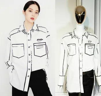 

FE002 Sky Series Black White Hand Painted Graffiti Loose Casual Turn-down Collar Long Sleeve Shirt Women Fashion Blouse F2