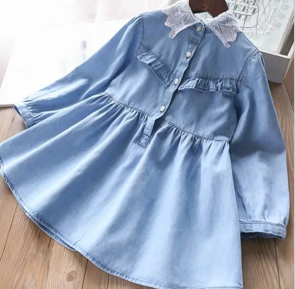 Весенние джинсовые платья с длинными рукавами и кружевным воротником для девочек платье с галстуком для маленьких девочек одежда для детей