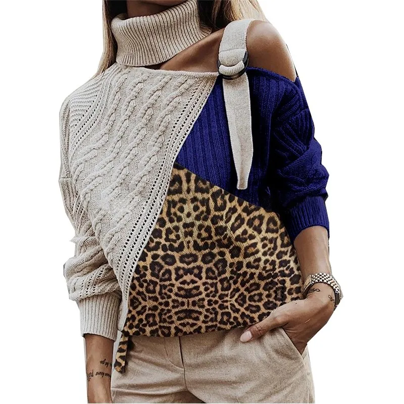 Леопардовый лоскутный свитер с высоким воротом, женские сексуальные с открытыми плечами, цветные вязанные свитера с рукавом летучая мышь, топы больших размеров - Цвет: Синий