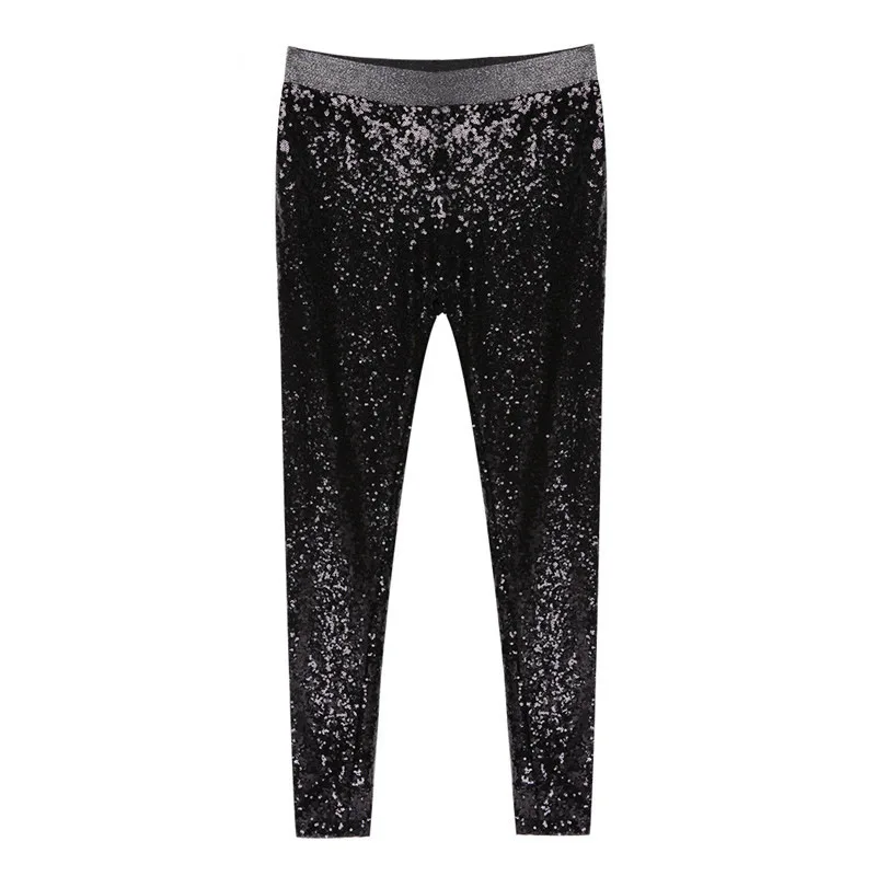 LuckBN черные блестящие женские брюки с блестками, брюки с эластичным поясом, женские сексуальные вечерние длинные брюки-карандаш с высокой талией, цвета: золотистый, серебристый, новинка - Цвет: Черный